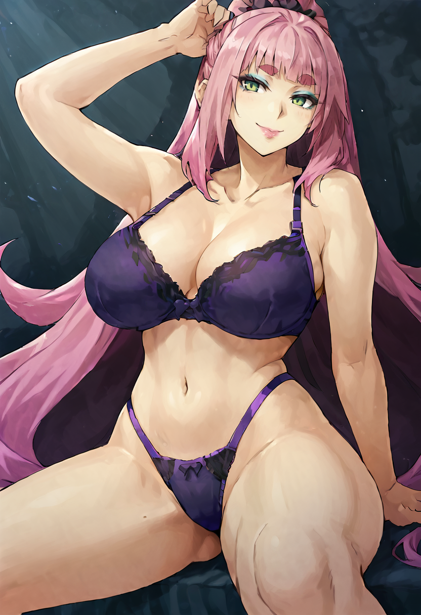 score_9, score_7_up,  1girl, 
solo, huge breasts, wide hips, thick thighs, smile, purple hair, hair scrunchie, pink hair, green eyes, collarbone, breasts, multicolored hair, eyeshadow, blunt bangs, lipstick, closed mouth, purple panties, panties, hair ornament, thighs, makeup, navel, scrunchie, bra, very long hair, long hair, two-tone hair, purple bra, underwear, thick eyebrows, blue eyeshadow, ponytail
 <lora:Konoe-Otsugu-Style-PonyXL-GLoRA-000046:1>