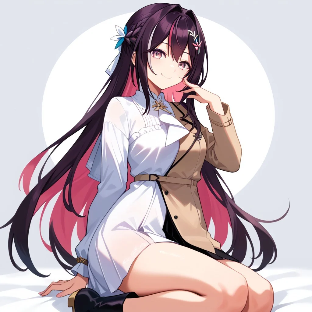score_9, score_8_up, score_7_up,Captivating Eye Reflections,beautiful detailed eyes,lower eyelid,beautiful detailed face,BREAK ,source_anime,AZKi-default/Hololive,1girl,medium breast,long hair,sideburns,multicolored hair,streaked hair,dark purple hair,pink colored inner hair,light magenta eyes,hair accessory,white and blanchedalmond clothes,long sleeves,gold bracelet,bare legs,black boots,
smile.bedroom