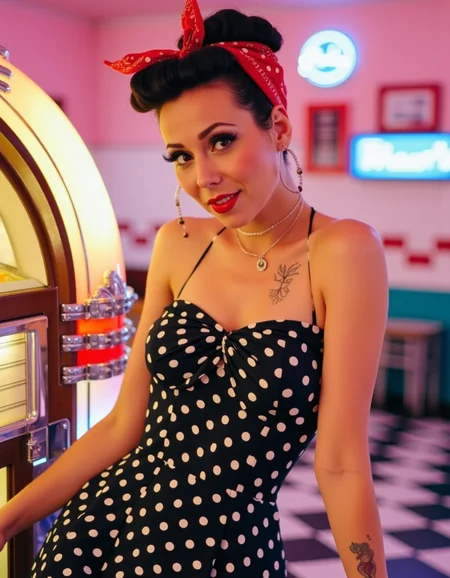 Rockabilly woman with a playful smile, wearing a polka dot halter dress with a cinched waist and a bright red bandana tied in her hair, leaning against a classic jukebox in a retro diner. Neon signs glow in soft pink and blue, casting dynamic reflections across the chrome and checkerboard floor. Shot with a vintage 1950s analog camera, slightly grainy texture, wide-angle lens capturing the nostalgic charm of the scene, warm lighting enhancing her vibrant lipstick and winged eyeliner.  <lora:rockabilly8x:1> r0ckb1ll1v2, r0ckb1ll1