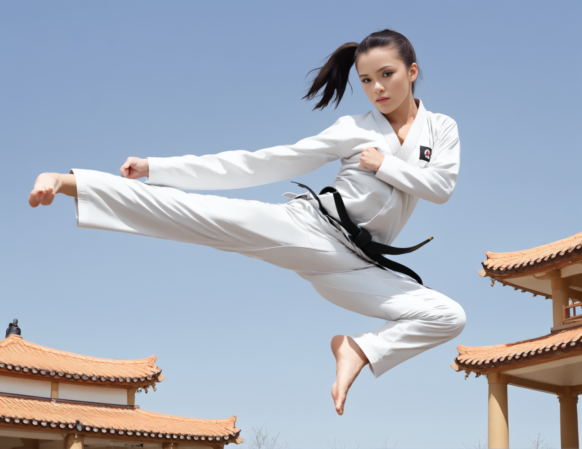 jusiki, side view, (slim 25yo woman) doing a jump sidekick in front of a pagoda. the girl wears white karate uniform, black belt and has short brunette ponytail <lora:JumpedSideKick-000007:1>