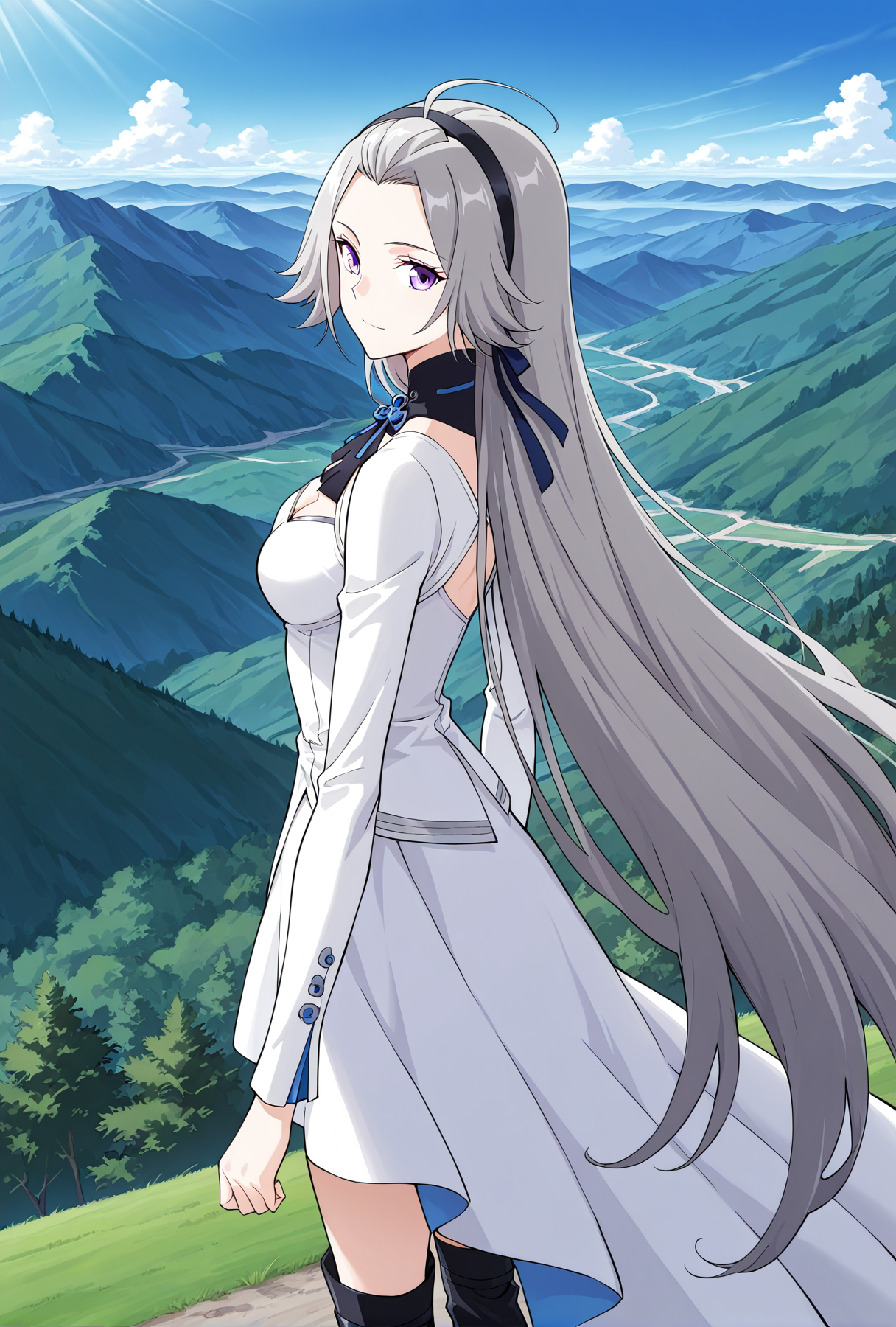 <lora:Han_Yue__Battle_Through_the_Heavens__Illustrious:1>
1 girl, solo, purple eyes, grey hair, very long hair, 
ahoge, white dress, long sleeves, black hairband, black knee boots, cleavage, blue ribbon, clothing cutout, cleavage cutout
score_9, score_8_up, score_7_up, source anime, BREAK, cowboy shot, (from side), looking back, looking at viewer, overlooking mountain, high altitude, scenery, exterior, background, (solo), perfect hands