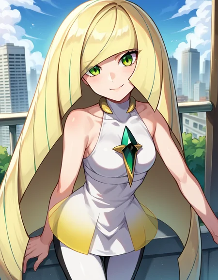 score_9, score_8_up, score_7_up, source_anime,
pokemonlusamine, <lora:pokemon-lusamine-ponyxl-lora-nochekaiser:1>
pokemonlusamine, blonde hair, green eyes, hair over one eye, long hair, multicolored hair, streaked hair, very long hair, smile,
bare arms, diamond \(shape\), dress, gem, green gemstone, leggings, short dress, sleeveless, sleeveless dress, white dress, white leggings,
outdoors, cityscape, bent over,
looking at viewer, dutch angle, cowboy shot,