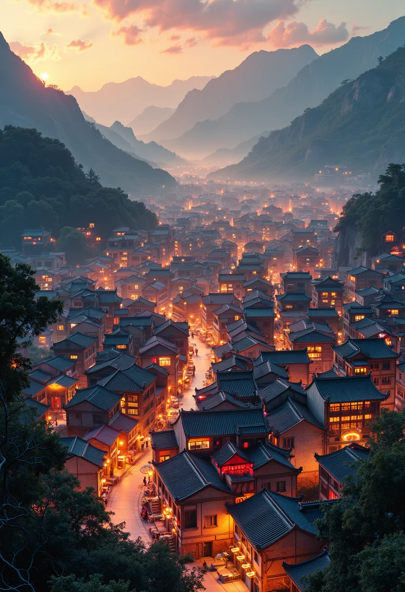 Generate a high-resolution nighttime photograph of a traditional Chinese village from an elevated viewpoint. Show a dense cluster of buildings with ornate, multi-layered rooftops in dark grey and glowing orange, arranged in a winding, maze-like pattern. Illuminate the scene with warm, golden light, highlighting the intricate architecture and creating a sense of depth. Include some weathered structures for historical authenticity, and scatter trees among the buildings. Set the village in a valley with shadowy mountains in the background and a twilight sky gradient of soft orange and pink. Capture the atmosphere of warmth, tradition, and tranquility, emphasizing the contrast between the bustling village and its serene natural surroundings.