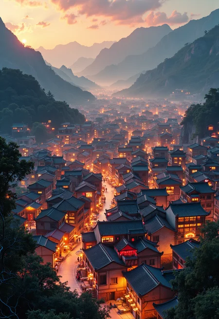 Generate a high-resolution nighttime photograph of a traditional Chinese village from an elevated viewpoint. Show a dense cluster of buildings with ornate, multi-layered rooftops in dark grey and glowing orange, arranged in a winding, maze-like pattern. Illuminate the scene with warm, golden light, highlighting the intricate architecture and creating a sense of depth. Include some weathered structures for historical authenticity, and scatter trees among the buildings. Set the village in a valley with shadowy mountains in the background and a twilight sky gradient of soft orange and pink. Capture the atmosphere of warmth, tradition, and tranquility, emphasizing the contrast between the bustling village and its serene natural surroundings.