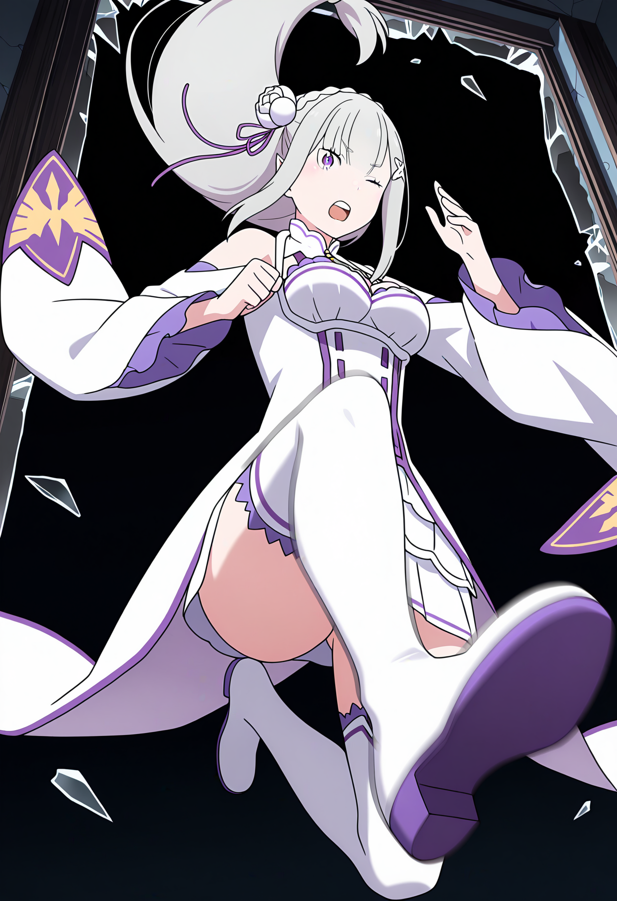 masterpiece, best quality, high resolution, source_anime, highly detailed illustration, detailed eyes,  
very aesthetic, absurdres, newest, amazing quality, 
1girl, solo, re:zero kara hajimeru isekai seikatsu, anime screencap, anime coloring, 
<lora:shiEmiliaV12ill:1> shimilia, long hair, grey hair, purple eyes, pointy ears, crown braid, hair flower, hair ribbon, purple ribbon, x hair ornament, white dress, cleavage, bare shoulders, wide sleeves, white thighhighs, thigh boots,
looking at viewer,
<lora:shiJumpingWindowV1ill:1>, shijumpwindow, breaking through window, broken glass, jumping, window, open window, 
closed mouth, full body, motion blur, 
clenched teeth, injury, glass, crack, carrying, one eye closed, scar, black background, glass shards, building, 
:o, city, falling, shoe soles, skyscraper,  sky, glass, floating hair, 
kicking, fighting stance, battle, shouting, open mouth, night, night sky, ice, cable,
from below, glass, sky, leg up, foreshortening, convenient censoring, convenient leg, crack, ruins, ceiling, debris, bullet hole, broken window,