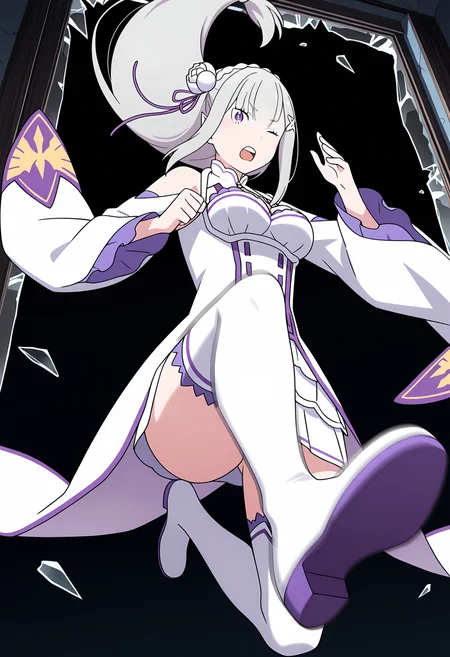 masterpiece, best quality, high resolution, source_anime, highly detailed illustration, detailed eyes,
very aesthetic, absurdres, newest, amazing quality,
1girl, solo, re:zero kara hajimeru isekai seikatsu, anime screencap, anime coloring,
<lora:shiEmiliaV12ill:1> shimilia, long hair, grey hair, purple eyes, pointy ears, crown braid, hair flower, hair ribbon, purple ribbon, x hair ornament, white dress, cleavage, bare shoulders, wide sleeves, white thighhighs, thigh boots,
looking at viewer,
<lora:shiJumpingWindowV1ill:1>, shijumpwindow, breaking through window, broken glass, jumping, window, open window,
closed mouth, full body, motion blur,
clenched teeth, injury, glass, crack, carrying, one eye closed, scar, black background, glass shards, building,
:o, city, falling, shoe soles, skyscraper, sky, glass, floating hair,
kicking, fighting stance, battle, shouting, open mouth, night, night sky, ice, cable,
from below, glass, sky, leg up, foreshortening, convenient censoring, convenient leg, crack, ruins, ceiling, debris, bullet hole, broken window,