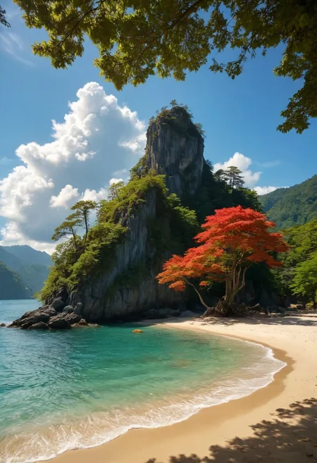 beautiful enchanting landscape, 64k, UHD, ((masterpiece, ultimate quality)), sharp focus, beautiful scenery, highres, highly detailed, superrealistic, photorealistic,sunny day with a cloud less blue sky, a large island in the middle of the ocean with jungle trees and highe mountain cliffs on one side of the island reaching over the water, on the other site a beach with soft white sand and some palme trees, one huge giant scarlet maple tree in the middle of the island beside of a clear lake holding a fantasy medieval Japanese town on its branches,, photorealistic, masterpiece, 64k, UHD, ultra detailed, vivid colors, high quality, sharp focus