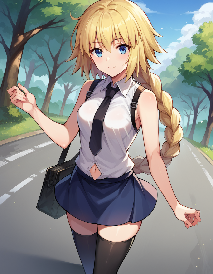 score_9, score_8_up, score_7_up, source_anime,
jeannedarc, <lora:jeanne-darc-ponyxl-lora-nochekaiser:1>,
jeanne darc, blonde hair, blue eyes, long hair, smile,
bare shoulders, black necktie, black thighhighs, braid, long braid, miniskirt, navel, necktie, shirt, single braid, sleeveless, sleeveless shirt, thighhighs, white shirt,
outdoors, dessert, road,
looking at viewer, dutch angle, cowboy shot,