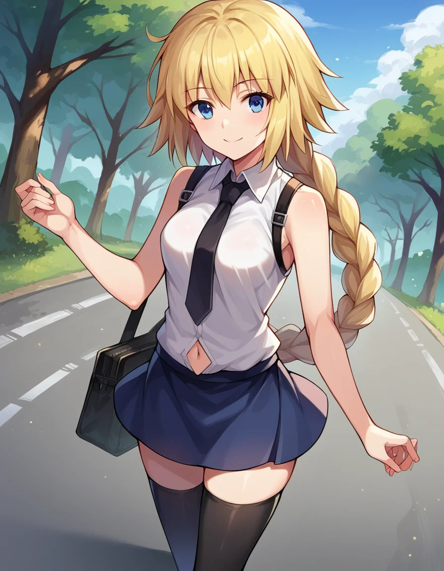 score_9, score_8_up, score_7_up, source_anime,
jeannedarc, <lora:jeanne-darc-ponyxl-lora-nochekaiser:1>,
jeanne darc, blonde hair, blue eyes, long hair, smile,
bare shoulders, black necktie, black thighhighs, braid, long braid, miniskirt, navel, necktie, shirt, single braid, sleeveless, sleeveless shirt, thighhighs, white shirt,
outdoors, dessert, road,
looking at viewer, dutch angle, cowboy shot,