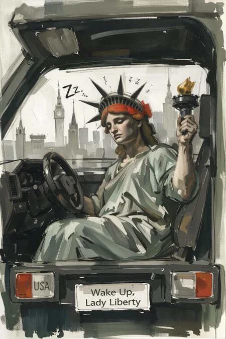 Wcol style. Sketch painting of the Statue of Liberty, seated in the driver's seat of an oversized car. She's wearing a bright red MAGA cap, and she is sleeping, one hand lazily gripping the wheel while her torch rests on the passenger seat. The car's dashboard has a classic "USA" emblem, and there are tiny Z's floating above her head, showing she's drifting into sleep.
Outside the car windows, familiar American landmarks blur past, adding to the sense of her dozing while at the wheel. A quirky bumper sticker on the back of the car reads: "Wake Up, Lady Liberty!"
<lora:schnell_v1.0:1.0> <lora:Eldritch_Paint_Sketch_for_Flux_1.0.5:0.7> <lora:FLUXWatercolorV3:0.8><lora:791729036062847148:0>