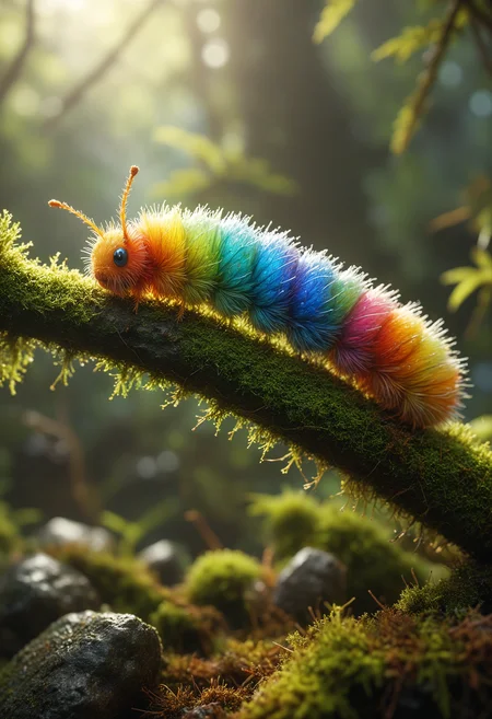 A photo of a rainbow colored caterpillar on a moss covered branch, backlit, translucent, glow hyper realistic, natural soft rim light, cinematic lighting, concept art by arti stincent<lora:add-detail-xl:1> <lora:MJ52:0.5> <lora:sss:0.5>