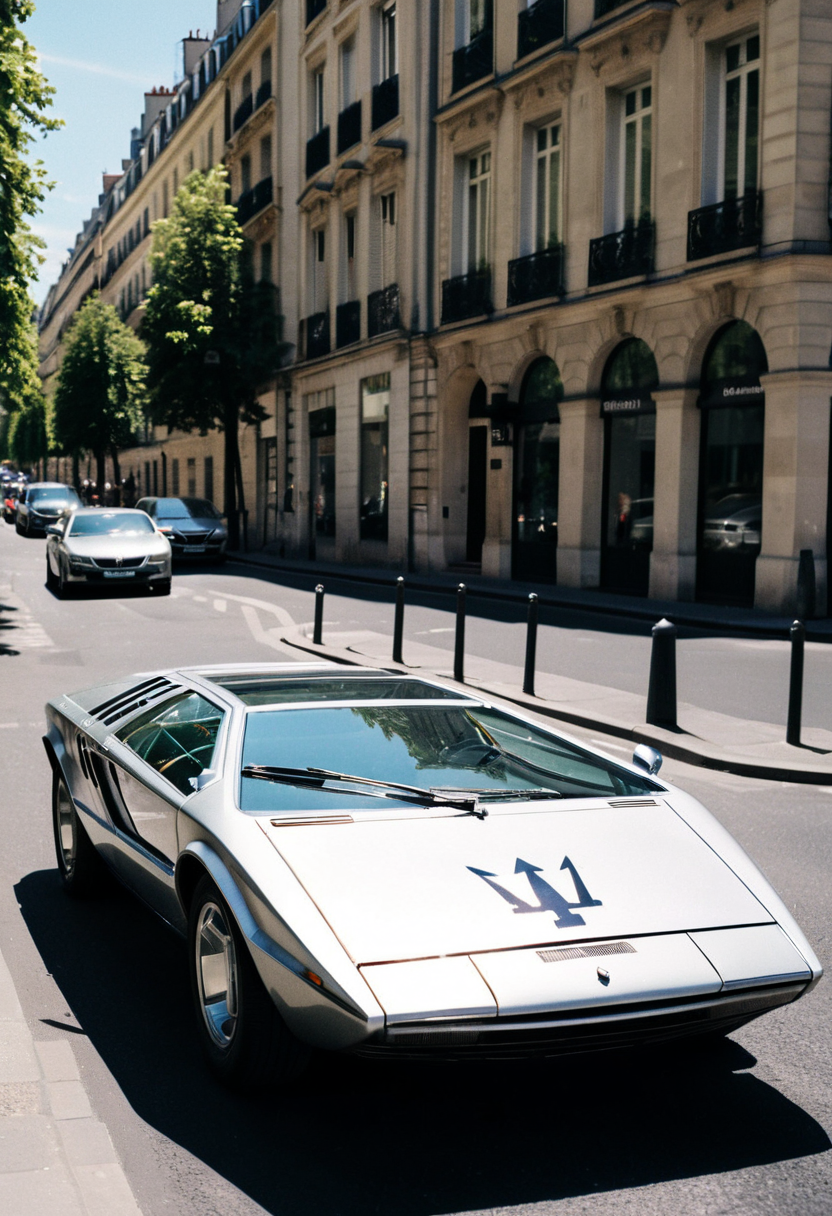 ClassicSportsCar, gleaming silver Maserati Boomerang, Paris avenue, summer afternoon, 4K, highly detailed, (((stylish grainy analog 35mm film photo)))