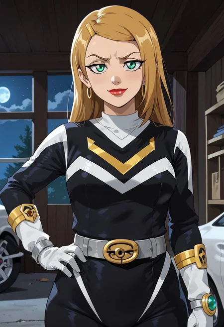 score_9, score_8_up, score_7_up, BREAK,
1girl, solo, Sarah, green eyes, blonde hair, long hair, hairclip, earrings, lipstick, muscular, medium breasts, narrow waist, wide hips, sentaisaintforce, black bodysuit, silver belt, white gloves, spandex, m-shaped chest symbol, helmet removed, no headwear,BREAK,
cowboy shot, smug, half-closed eyes, standing, hand on hip, indoors, garage, night,