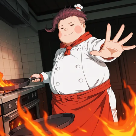 masterpiece, best quality, colorful, amazing quality, detailed background, cinematic, anime coloring, <lora:teruteru-v1-08:1> dteruteruh, =_=, 1boy, chubby, solo, chef, mini chef hat, red waist apron, dynamic pose, holding, frying pan, cooking, fire, kitchen, reaching towards viewer, solo focus, palms,