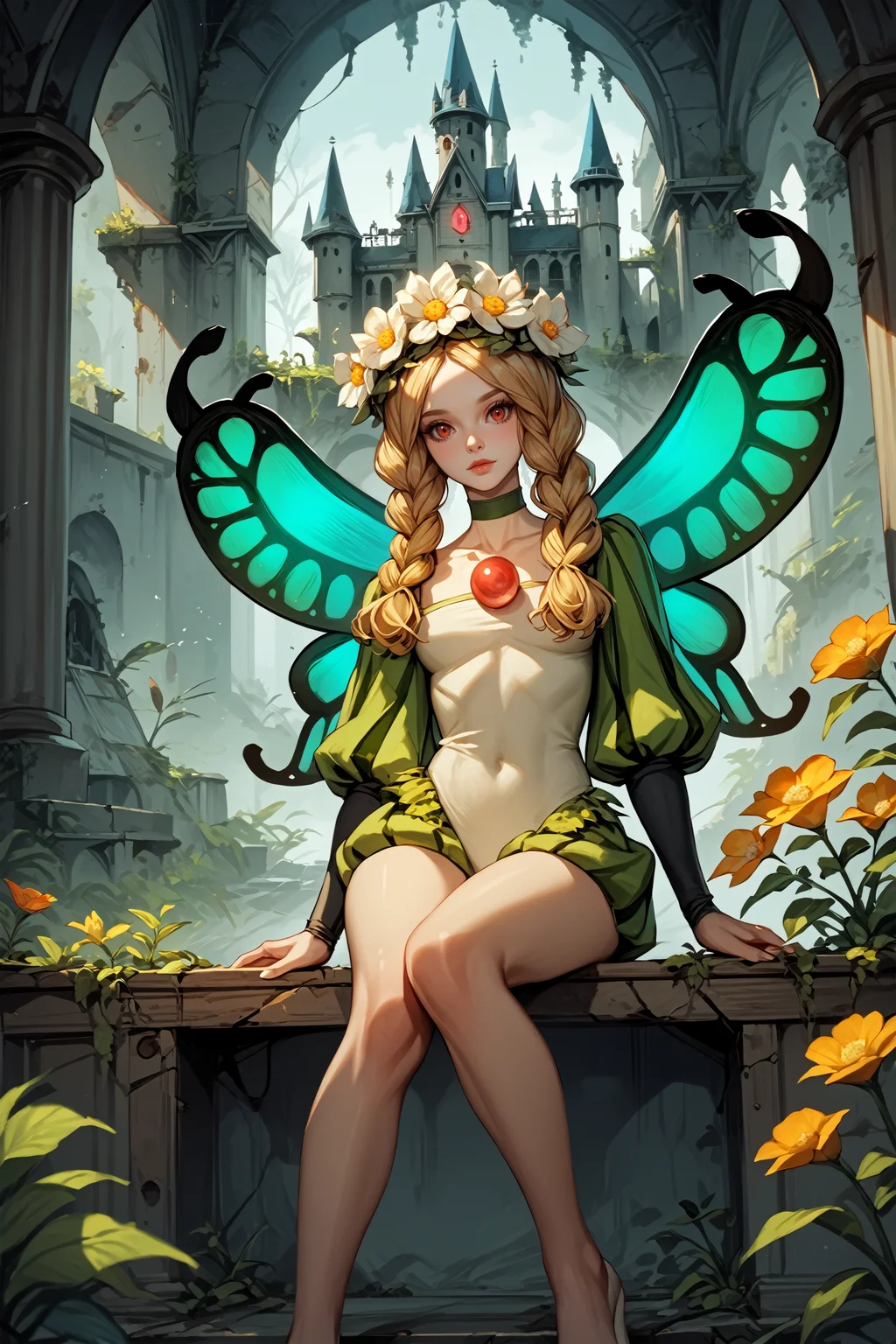 score_9, score_8_up, score_7_up,
<lora:OdinSphereMercedes:0.9>
OdinSphereMercedes, 1girl, blonde hair, twin braids, red eyes, flower crown, fairy wings, looking at viewer, sitting, Abandoned castle on a misty hill, eerie and grand