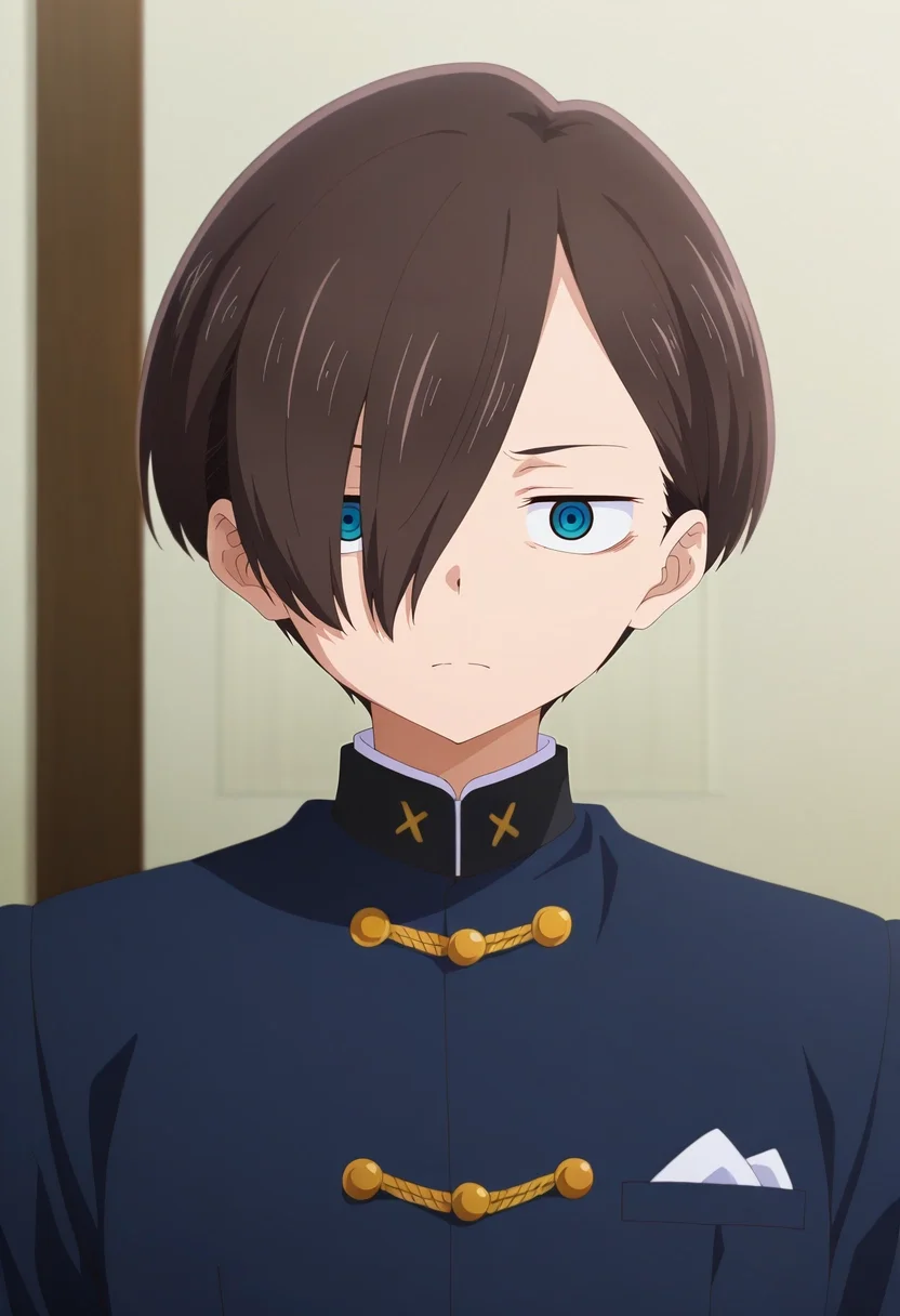 masterpiece, best quality, intricate details, anime screencap, anime coloring, , , 1boy, solo, male focus, <lora:kyoutarou_ichikawa_ilxl:0.9>, kyoutarou_ichikawa, brown hair, blue eyes, short hair, hair over one eye, bangs, , conductor costume