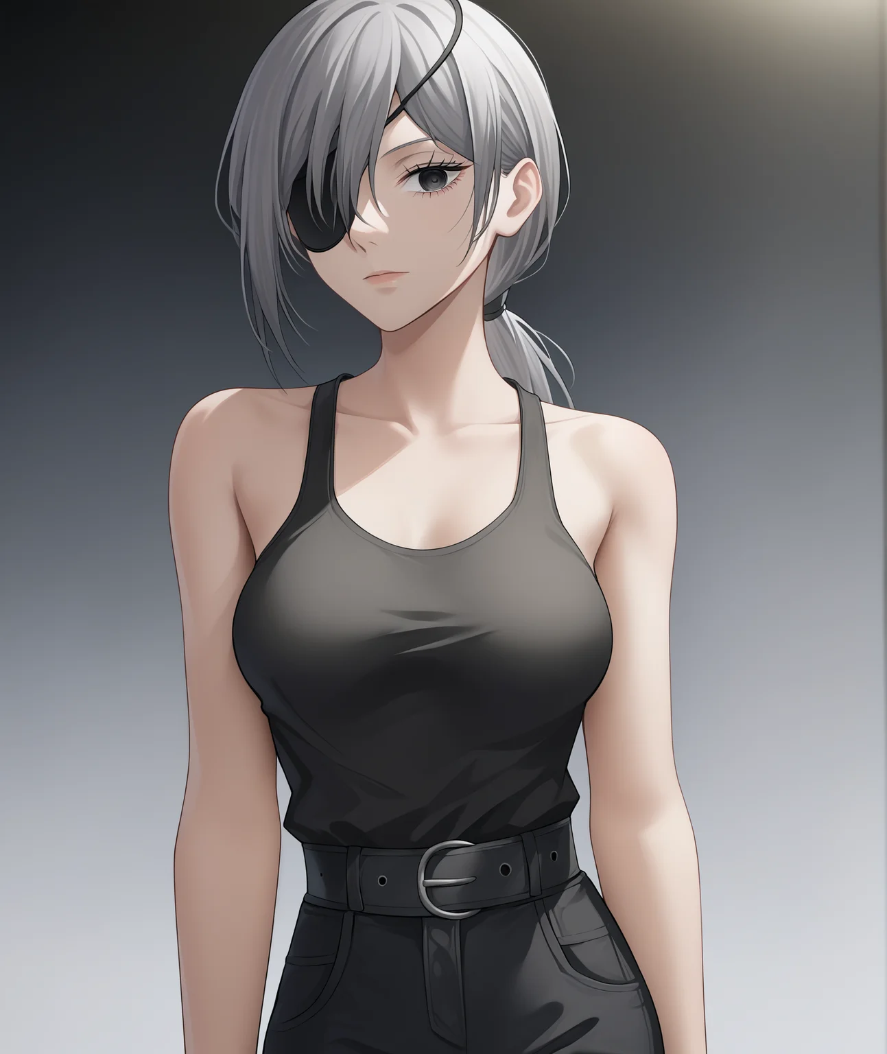 score_9, score_8_up, source_anime, highres, hi res, best quality, masterpiece, 2d, intricate details, official style, anime, 4k, anime style,
1girl, solo, female, long hair, black eyes, grey hair, ponytail, hair over one eye, eyepatch, one eye covered,
breasts, medium breasts,
shirt, bare shoulders, collarbone, pants, belt, black shirt, black pants, tank top, shirt tucked in, black tank top, high-waist pants, quanxi \(chainsaw man\),
cowboy shot, foreshortening, looking at viewer, black background, simple background, blurry background, gradient background, <lora:Quanxi1024_Pony:1>