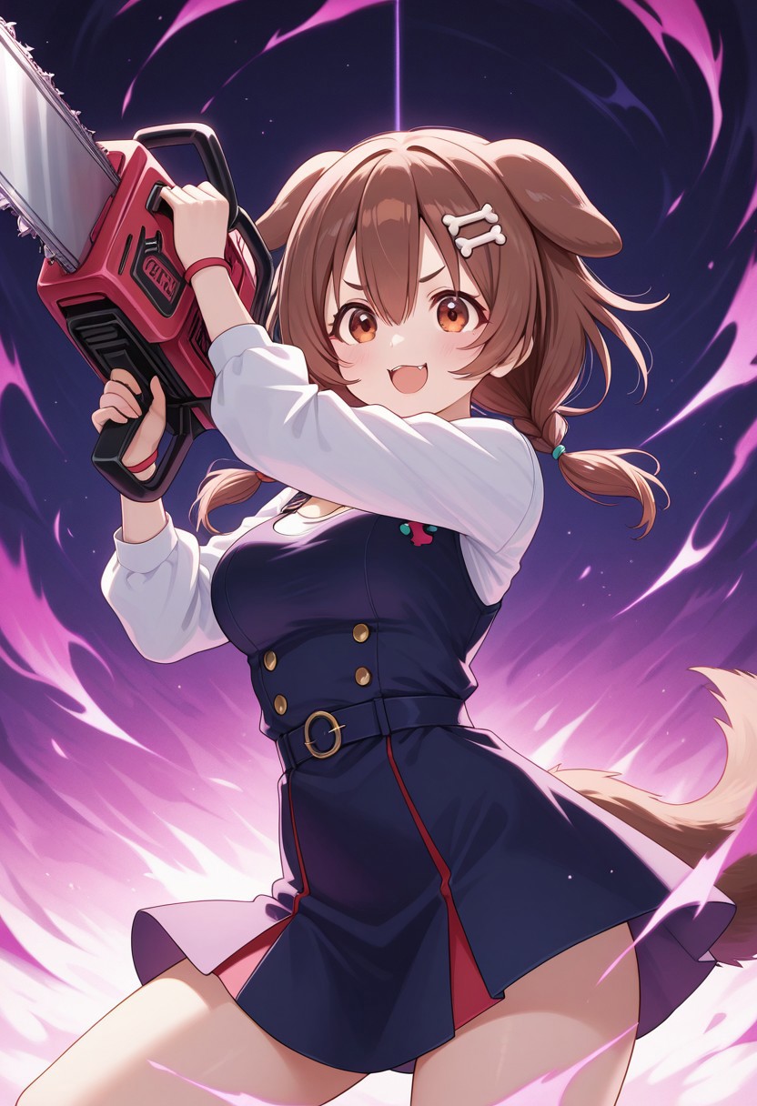 Inugami Korone, classic outfit, holding chainsaw, cowboy shot, High Detail, Perfect Composition, highly detailed, vibrant colour, masterpiece, dynamic
