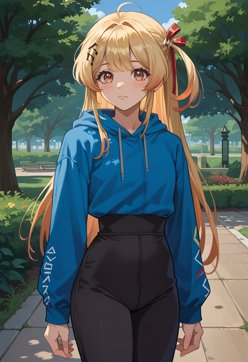 score_9, score_8_up, source_anime, 1girl, solo, OtonoseKanade, long hair, one side up, hair ribbon, musical note hair ornament, outdoors, park, blue hoodie, high-waist pants, yoga pants, black pants, light blush, <lora:ChamOtonoseKanadePonyXL:1>