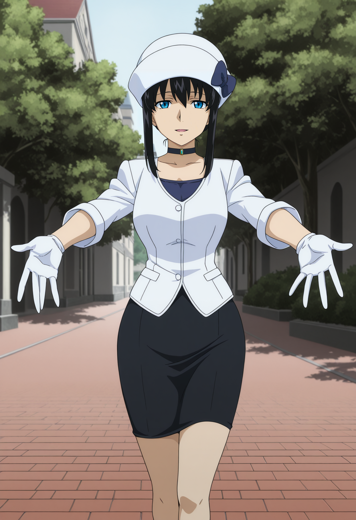 1girl,solo,mm,mature female,black hair,blue eyes,anime coloring,
white uniform,white jacket,pencil skirt,choker,hat,gloves,outstretched arms, looking at viewer, open mouth, light smile, outdoors
,masterpiece,best quality,amazing quality,<lora:Marina_Ismail-Gundam_00_Season1:0.8>