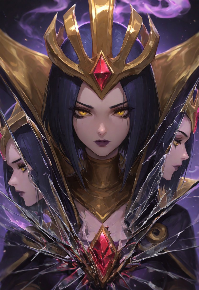 best quality, masterpiece, highly detailed, 
bokeh,
leblanc from league of legends, close up, golden eyes, red gemstone, short hair, make up, yellow eyes, crown,
broken glass, smoke and mirrors, clones, twins, recursive reflections, repeating reflections, 3/4 profile