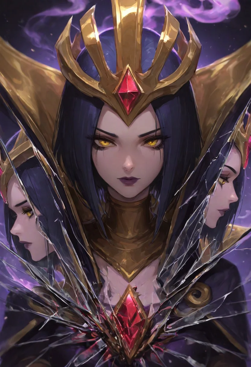 best quality, masterpiece, highly detailed,
bokeh,
leblanc from league of legends, close up, golden eyes, red gemstone, short hair, make up, yellow eyes, crown,
broken glass, smoke and mirrors, clones, twins, recursive reflections, repeating reflections, 3/4 profile