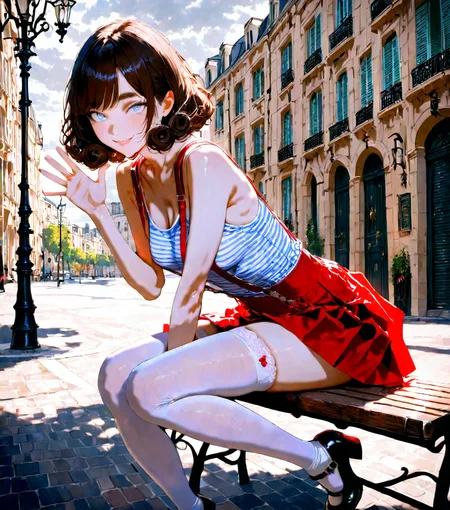 1girl, explicit, melusine_nemo, ((detailed face)), (detailed eyes), light_blue eyes, curly bobcut, detailed body, detailed skin, (realistic skin), cute smile, looking at viewer
BREAK red skirt, striped tanktop, red suspenders, white stockings, black mary janes
BREAK leaning forward, waving
BREAK (public park), sitting on bench, france, overcast, ((detailed background)), perfect body, perfect, romantic lighting, (detailed), masterpiece, high score, great score, absurdres