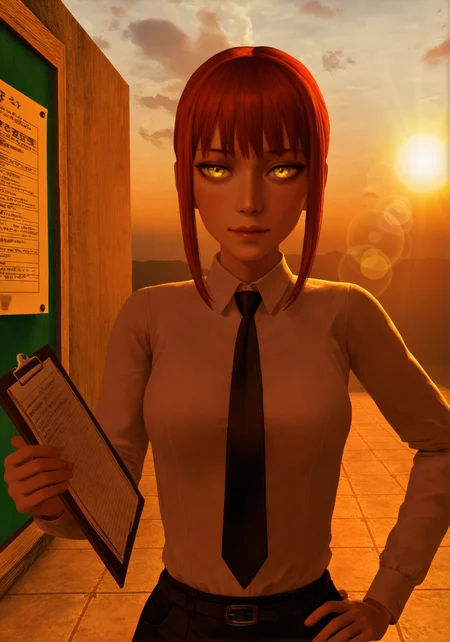 masterpiece, realistic, scenery, sunset, clouds, sun beams, lens flare, 1girl, solo, makima, red hair, yellow eyes, white shirt, black tie, sly expression, (holding clipboard:1.3), upper body, hand on hip, direct gaze, soft warm lighting, faded background <lora:POSTAL_2_Style_Lora_V1.0_ILXL_DIM16_E10:1> <lora:dmd2_sdxl_4step_lora:1>