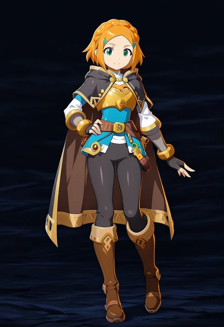 masterpiece, best quality, amazing quality, very aesthetic, absurdres, newest,shiny skin,, anime screenshot, anime coloring, xdive, short hair, crown braid, sidelocks, parted bangs, hairclip, outfit_1, blue crop top, gold trim, white undershirt, breastplate, layered sleeves, brown sash, black gloves, fingerless gloves, black pants, knee boots, brown footwear, black cape, hooded cape,, Hand on waist, smile, full body, Black background, sexy pose,