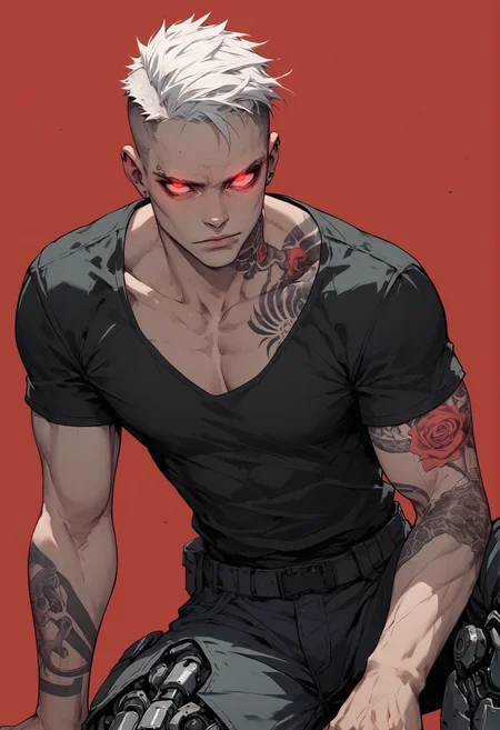 (score_9, score_8_up), score_7_up, zPDXL, 1boy, muscular, black shirt, cleavage, black pants, cargo pants, muscle, arm tattoo, looking at viewer, white hair, undercut, red eyes, (mechanical legs), red background, glowing eyes <lora:Sinozick_Style_XL_Pony:1>, sinozick style, flat color