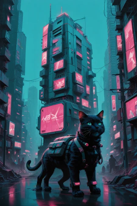 cyberpunk city,small backpack, cat,
no human beings, no humans, 
glowing, el3ctr1c,pink and aqua theme,
<lora:sdxl_lightning_8step_lora:1>,
 hyper-Detailed, masterpiece, best Quality,film Grain, 
score_9, score_8_up, score_7_up,  
<lora:electric_flamingo:0.8>