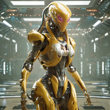 Alien-themed FUNDING,future,concept robot,standing,full body,robot,mecha,science fiction,<lora:FN_WeiLai-000005:1>,1girl, . Extraterrestrial, cosmic, otherworldly, mysterious, sci-fi, highly detailed