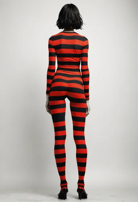 lady with stripes, full body shot,back, red black,surrealism pop art ,Christopher Wool <lora:add-detail-xl:1> <lora:DD-sli-v1:1>