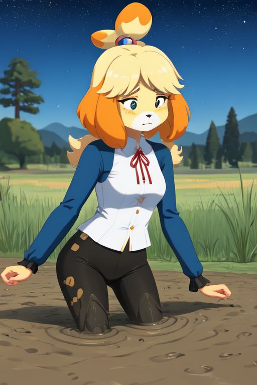 isabelle \(animal crossing\), (masterpiece, best quality:1.15), 1girl, solo, large breasts, high cheekbones, thick eyebrows, small mouth, looking to the side, leaning forward, adjusting clothes, tight leggings, green crop top shirt, starry nights, long hair, twin short braids, scared, partially submerged, struggling, farmland bog, hand stuck in mud