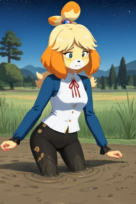 isabelle \(animal crossing\), (masterpiece, best quality:1.15), 1girl, solo, large breasts, high cheekbones, thick eyebrows, small mouth, looking to the side, leaning forward, adjusting clothes, tight leggings, green crop top shirt, starry nights, long hair, twin short braids, scared, partially submerged, struggling, farmland bog, hand stuck in mud