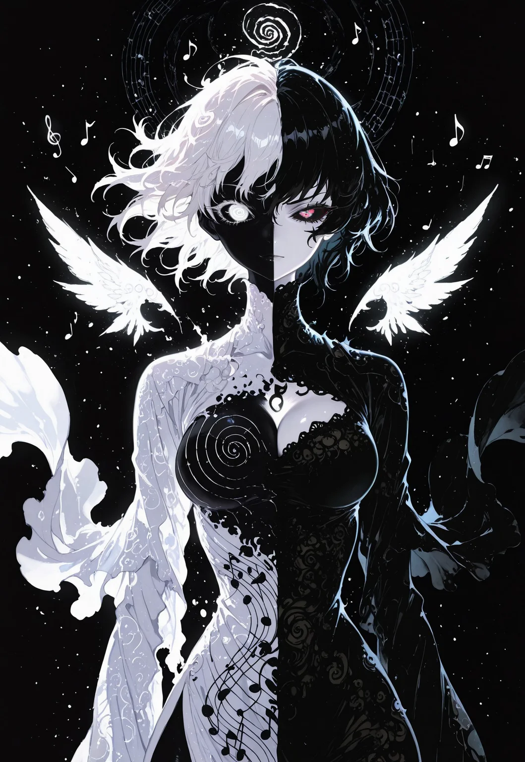 sol, [upper body], long robe, revealing clothes, multicolored hair, split color hair, black hair, white hair, split theme, split-color skin, black skin, white skin, musical note print, split-color clothes, black clothes, white clothes, uneven eyes, black sclera, white eye, curvy, side slit, thigh, cleavage, dark background, glowing, musical note, detached wings, floating fabric, wind, swirl, abstract,
(khyle.:0.5), (moshimoshibe:0.5), (qqqrinkappp:0.5), (detailed background:1.1),
15546+456868, xxx667_illu, MythAn1m3,
lighting, particles, intricate, cinematic, dynamic, action, detailed background,
newest, highres, absurdres, amazing quality, best quality, ultra-detailed