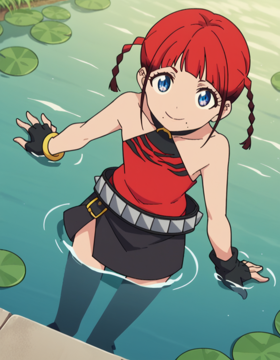 score_9, score_8_up, score_7_up, source_anime, <lora:chise-asukagawa-s1-ponyxl-lora-nochekaiser:1>, chise asukagawa, short hair, blue eyes, braid, red hair, multicolored hair, mole, twin braids, gradient hair, mole under mouth, anime screencap,, skirt, gloves, bare shoulders, jewelry, belt, fingerless gloves, bracelet, sleeveless, red shirt, black skirt,, pond, still water, plants, ducks, peaceful, smile, from above,, looking at viewer, solo,, dutch angle, cowboy shot