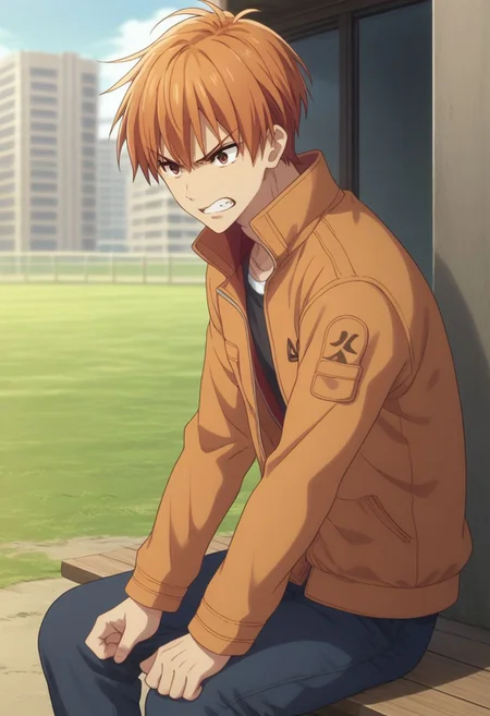 score_9, score_8_up, score_7_up, source_anime, highly detailed, 1boy, solo, male_focus, full body,
kyo_sohma, outdoor, teeth, clenched teeth, jacket, brown eyes, anime coloring, orange hair, upper body, angry, sit,