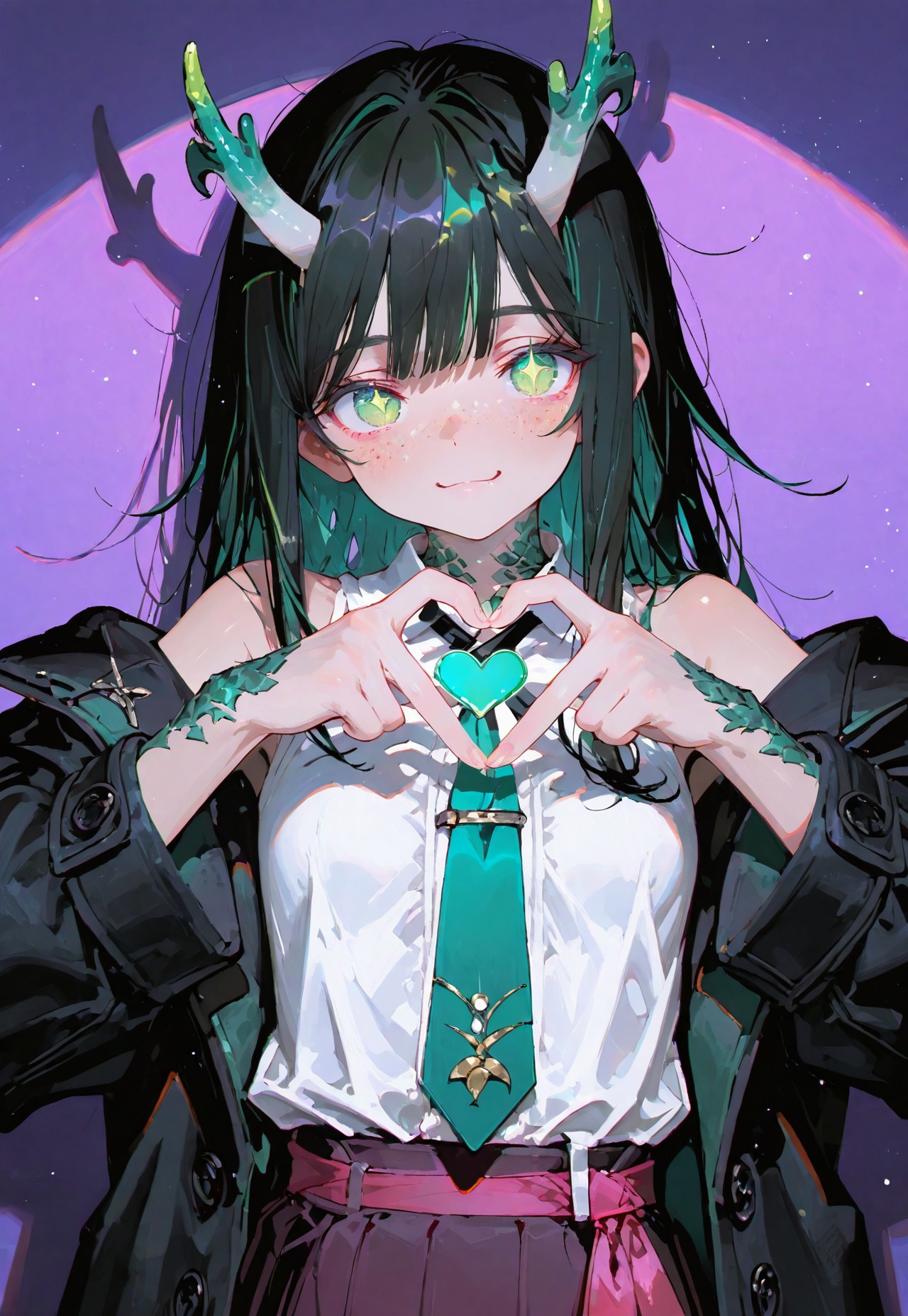 looking at viewer,bust shot

Heart hands,smile

1 girl,petite,loose unruly messy hair,messy bangs,black hair,green accents hair,fair skin,dragon horns,green eyes, sparkling eyes,freckles

Large Black coat with green accent,coat hanging sleeves,white sleeveless buttoned shirt tucked in,green tie, exposed shoulder

Color background, bright purple background,shadow, light from front,glimmer, scales design, sparkling,spotlight,anaglyph

Cunnystyle,748cmstyle,Smooth_Quality,masterpiece,best quality,amazing quality, aesthetic,bright colors,bold lines