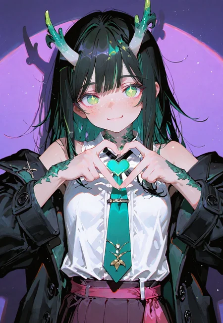 looking at viewer,bust shot

Heart hands,smile

1 girl,petite,loose unruly messy hair,messy bangs,black hair,green accents hair,fair skin,dragon horns,green eyes, sparkling eyes,freckles

Large Black coat with green accent,coat hanging sleeves,white sleeveless buttoned shirt tucked in,green tie, exposed shoulder

Color background, bright purple background,shadow, light from front,glimmer, scales design, sparkling,spotlight,anaglyph

Cunnystyle,748cmstyle,Smooth_Quality,masterpiece,best quality,amazing quality, aesthetic,bright colors,bold lines