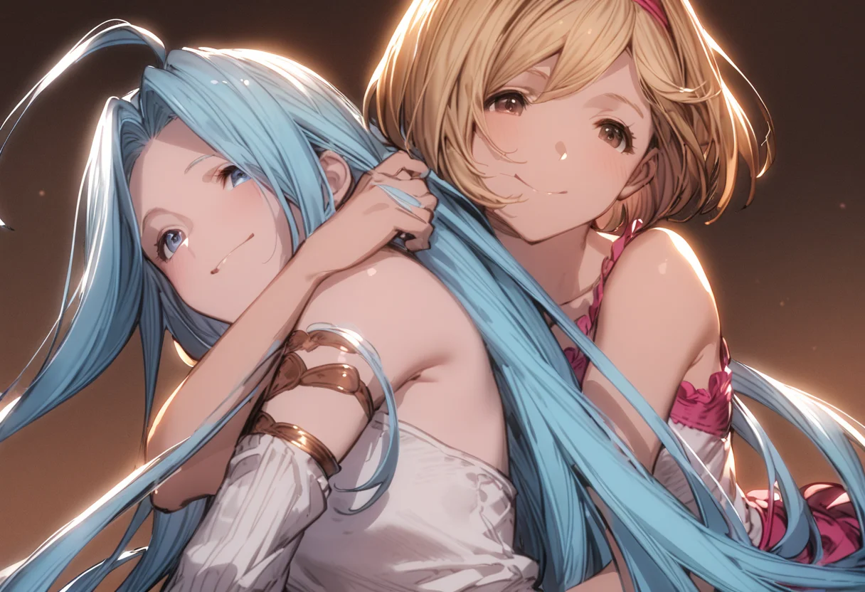 best quality, very aesthetic, absurdres,
2girls, yuri, smile, bare shoulders, strapless, hug from behind,
<lora:JitaRuri-XL:1> jitaruri, djeeta \(granblue fantasy\),