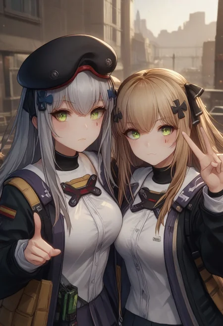 Scire_9, score_9_up, score_8_up, score_7_up, source_anime,
2 girls,
(hk416, mod3),
(lenna, def),
duo selfie pose,next to each other,in the background, pointing finger at the bank, urban city, wall street, middle fingers,