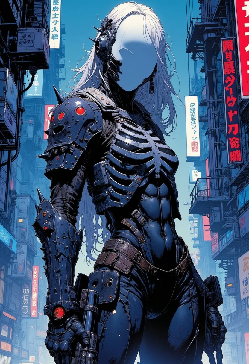 blue and red contrast lighting, dynamic viewpoint, dynamic angle, 1girl wearing death themed powered armor with a faceless white visor, ribcage style cuirass, spiked pauldrons, holding a futuristic rifle, ((cyberpunk industrial complex background))