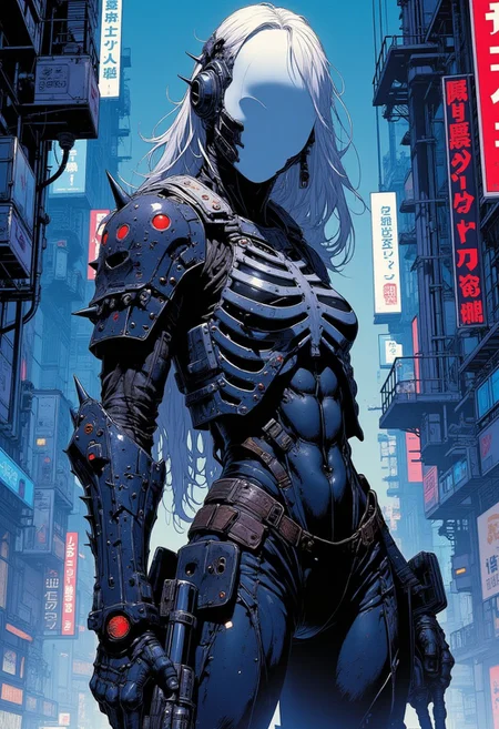 blue and red contrast lighting, dynamic viewpoint, dynamic angle, 1girl wearing death themed powered armor with a faceless white visor, ribcage style cuirass, spiked pauldrons, holding a futuristic rifle, ((cyberpunk industrial complex background))