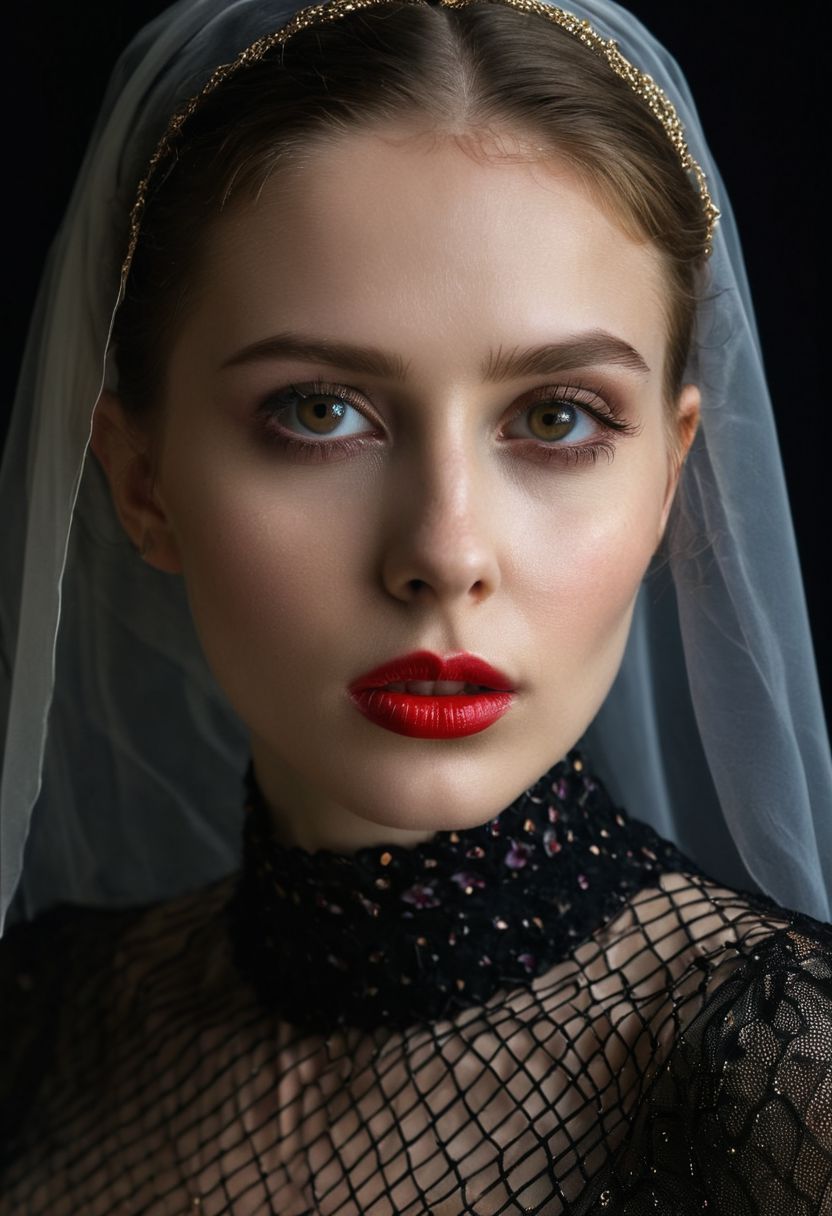 A professional (fashion photo photography:1.2),a  (studio portrait:1.2),showing (surrealistic style:1.1),(black purple gradient background:1.2),(exaggerated character movements:1.5),against glass,(masterpiece, best quality:1.4), perfect body,  long hair, brown hair, brown eyes, parted lips, , detailed skin,model photoshoot, long bob-cut hair, shiny oiled skin, pale skin,  pale white skin, shiny oiled skin, pale skin, realistic eye and face details), hyperrealism, very slim,  4k HDRvaporwave style Ultra High Resolution, wallpaper, 8K,Rich texture details, hyper detailed, detailed eyes, detailed background, dramatic angle,Ultra High Resolution, wallpaper, 8K,Rich texture details, hyper detailed, detailed eyes, detailed background, wearing translucent veils, elegant profile pose, dark photography, dramatic lighting, black background, deep shadows, chiaroscuro, (old russian folk light dress red ornaments:1.1) slim elegant russian girl folk hairstyle halo above head (icon style:1.2) choker, make-up photography by (Ethel Warwick:1.3), modelshoot, pose, , (Ethel Warwick: 1,2) award winning photo macro shot  dramatic lighting,philosophical dimensions,NIKON Z9,35mm,f/1.2,RAW format,stark composition.,(muted tones:1.2),award winning photo,(dream-like quality:1.2),
