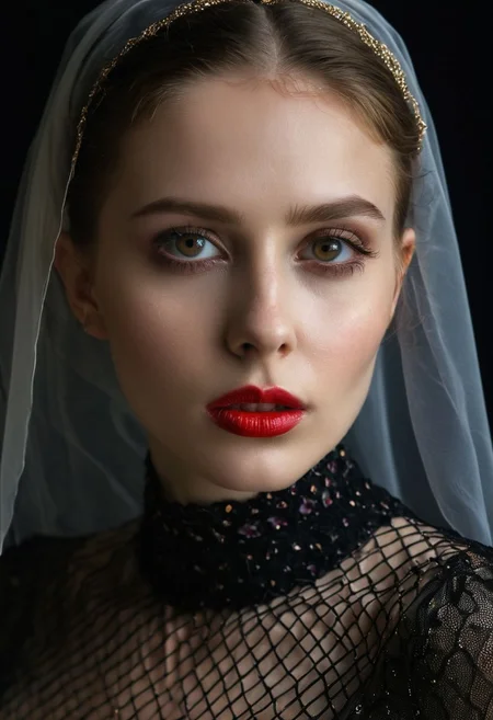 A professional (fashion photo photography:1.2),a (studio portrait:1.2),showing (surrealistic style:1.1),(black purple gradient background:1.2),(exaggerated character movements:1.5),against glass,(masterpiece, best quality:1.4), perfect body, long hair, brown hair, brown eyes, parted lips, , detailed skin,model photoshoot, long bob-cut hair, shiny oiled skin, pale skin, pale white skin, shiny oiled skin, pale skin, realistic eye and face details), hyperrealism, very slim, 4k HDRvaporwave style Ultra High Resolution, wallpaper, 8K,Rich texture details, hyper detailed, detailed eyes, detailed background, dramatic angle,Ultra High Resolution, wallpaper, 8K,Rich texture details, hyper detailed, detailed eyes, detailed background, wearing translucent veils, elegant profile pose, dark photography, dramatic lighting, black background, deep shadows, chiaroscuro, (old russian folk light dress red ornaments:1.1) slim elegant russian girl folk hairstyle halo above head (icon style:1.2) choker, make-up photography by (Ethel Warwick:1.3), modelshoot, pose, , (Ethel Warwick: 1,2) award winning photo macro shot dramatic lighting,philosophical dimensions,NIKON Z9,35mm,f/1.2,RAW format,stark composition.,(muted tones:1.2),award winning photo,(dream-like quality:1.2),