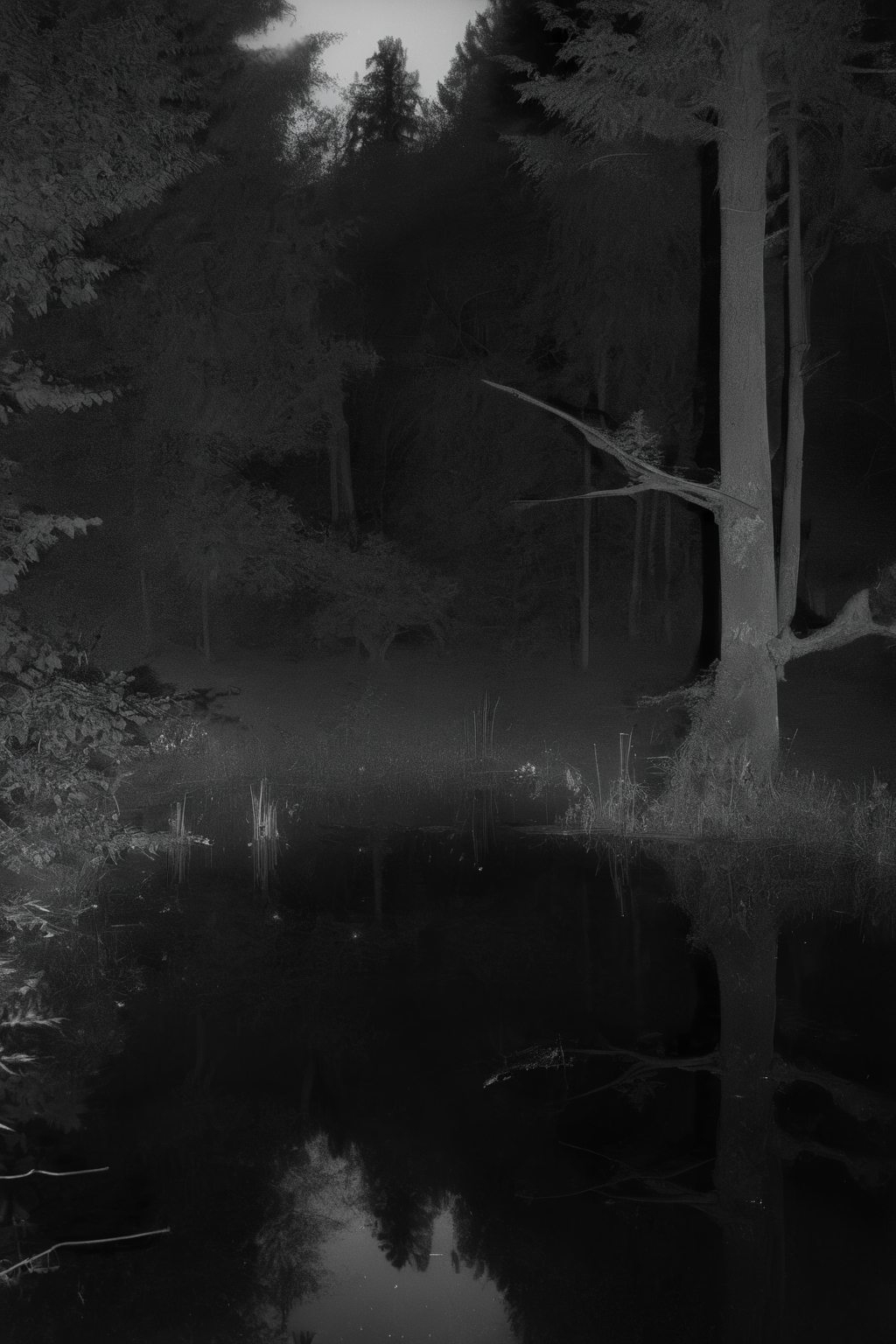 <lora:Photographer Elena Helfrecht Style:1>Photographer Elena Helfrecht Style - a black and white photo of a pond in the woods at night time