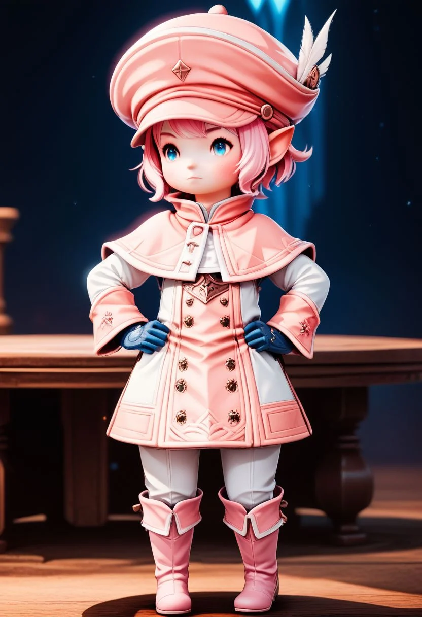LalaTater, Lalafell, 1girl, blue eyes, boots, capelet, closed mouth, full body, gloves, hands on hips, hat, long sleeves, pink footwear, pink hair, short hair, standing, chibi, puntable BREAK PonyXLV6_Scores