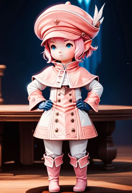 LalaTater, Lalafell, 1girl, blue eyes, boots, capelet, closed mouth, full body, gloves, hands on hips, hat, long sleeves, pink footwear, pink hair, short hair, standing, chibi, puntable BREAK PonyXLV6_Scores