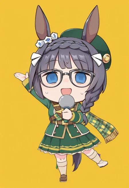 1girl, solo, smile, open mouth, simple background, holding, :d, sweat, sweatdrop, yellow background, arm up, pose, empty eyes, microphone, full body, chibi, standing on one leg, <lora:Tetoris2:1>,masterpiece, best quality, very aesthetic, newest, absurdres,
zenno rob roy \(umamusume\),horse ears, horse tail, mismatched loafers, black-framed eyewear, green skirt, green jacket, brown belt, braided ponytail, beige kneehighs, hair over shoulder, long sleeves, green beret, plaid scarf